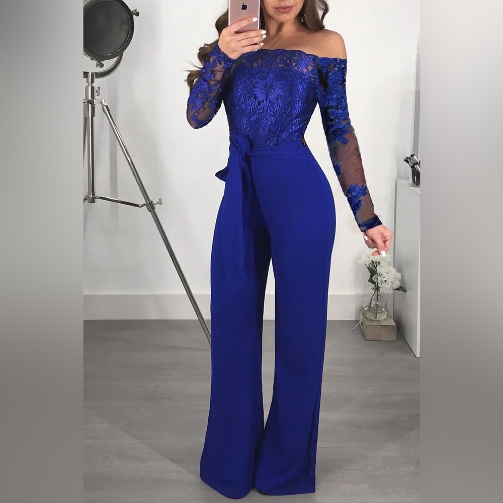 Off the shoulder royal blue lace jumpsuit